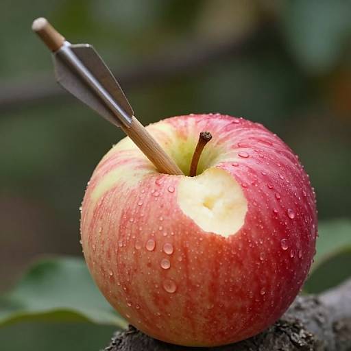 Photograph of a red apple with water droplets, a small knife inserted into its stem, set against a blurred green background.