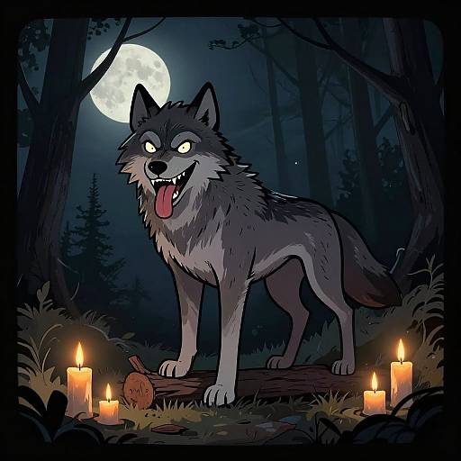 Digital drawing of a fierce, gray wolf with glowing eyes and tongue out, standing on a log surrounded by candles and pumpkins under a full moon in