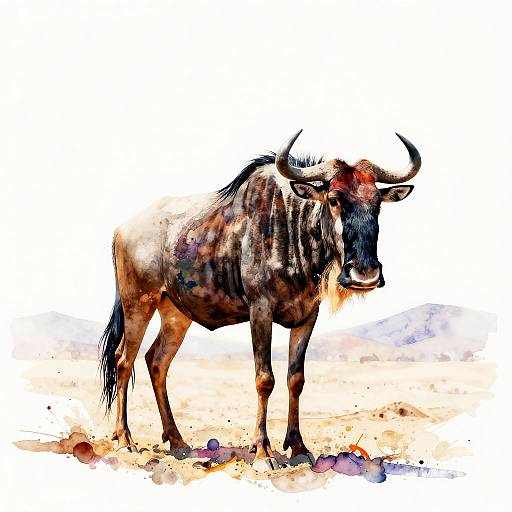 Vibrant Watercolor Wildebeest Art