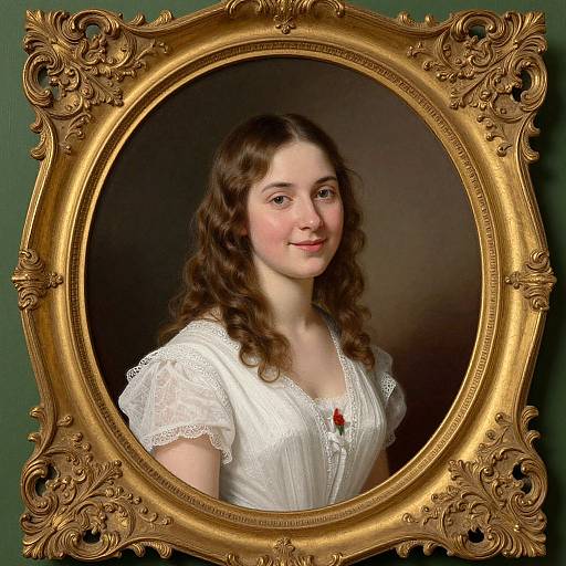 Portrait of a young woman with long, wavy brown hair, wearing a white lace dress with a red brooch, in an ornate, gold