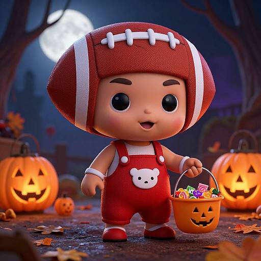 CGI image of a cute, chibi-style child with a red football helmet, red overalls, and white bear patch, holding a pumpkin basket