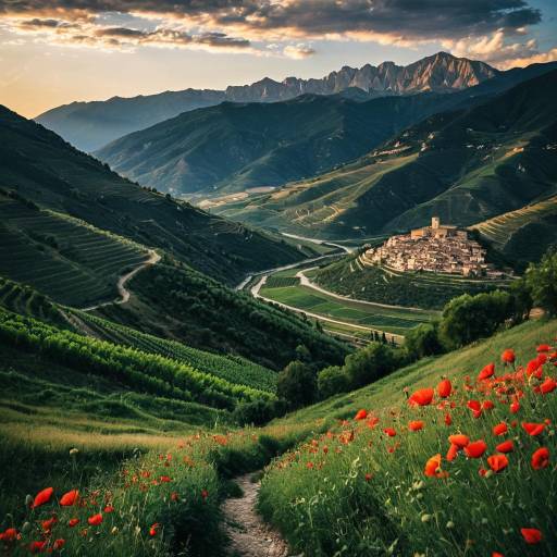 Medieval Italian Village in Apennine Mountains at Sunset