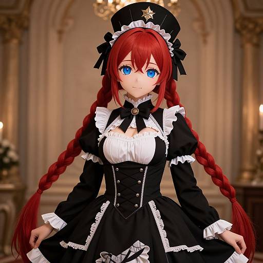 Digital anime-style illustration of a red-haired girl with blue eyes, wearing a black and white frilled maid outfit with braided hair, standing in an