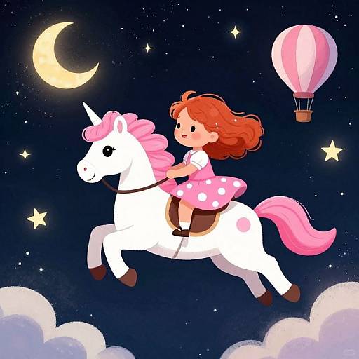 Whimsical digital illustration of a red-haired girl in a pink polka-dot dress riding a white unicorn under a moonlit, starry sky with