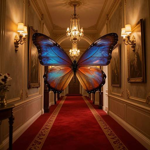 Photograph of a luxurious hallway with red carpet, ornate walls, and a massive, illuminated blue and orange butterfly installation hanging from the ceiling. Ch