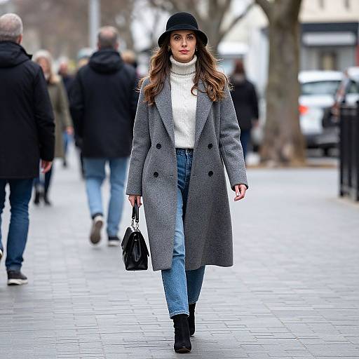 Photograph of a young woman with long brown hair, wearing a black hat, grey coat, white turtleneck, blue jeans, and black boots