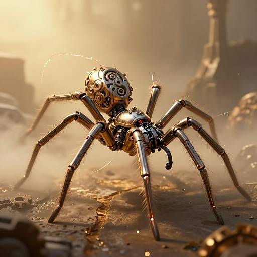Photorealistic CGI of a steampunk spider robot with intricate gears and metallic limbs, standing on a dusty, sunlit surface.