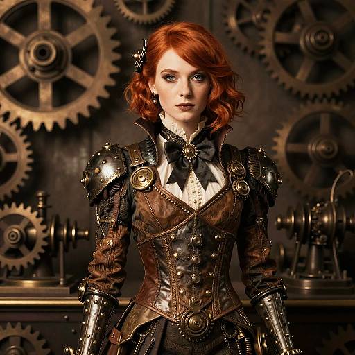 Steampunk red-haired woman in detailed, metallic brown corset with gears in the background, standing confidently in a dark, industrial setting. Digital art