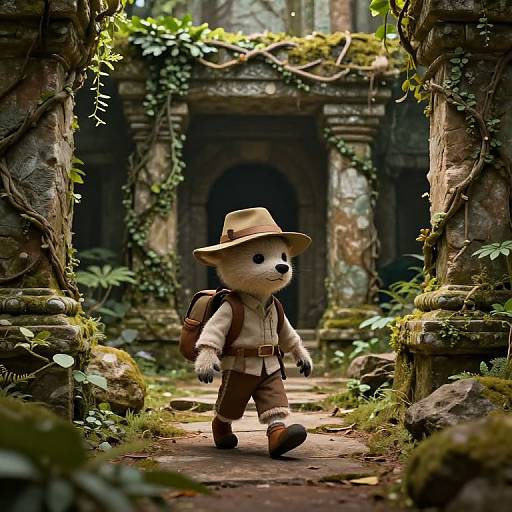 Photorealistic CGI of a cute, anthropomorphic teddy bear explorer in a brown hat, suspenders, and backpack, walking through a lush,
