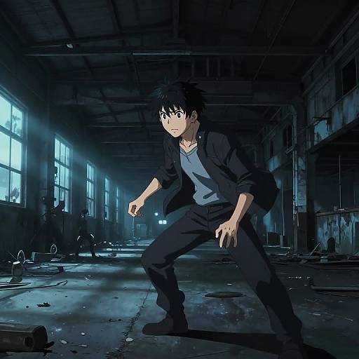 Digital anime-style drawing of a black-haired, serious young man in a dark jacket and blue shirt, crouching in a dimly lit, abandoned