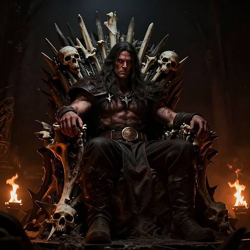 Digital artwork of a muscular, dark-haired man with a stern expression, seated on a throne adorned with spiked bones and skulls, surrounded by orange flames in
