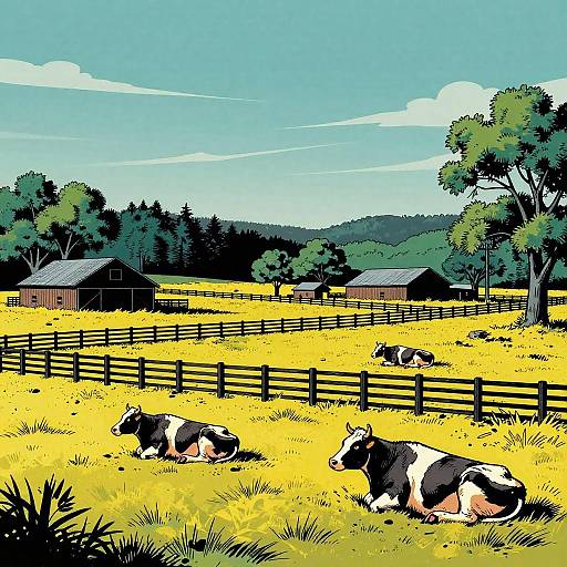 Digital illustration of three black and white cows lying in a bright yellow field with wooden fences, barns, and green trees under a blue sky.