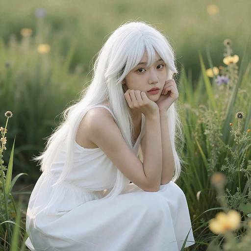 White Haired Girl in Flower Field