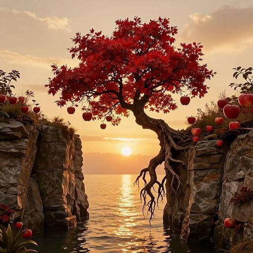 Crimson Tree Between Cliffs at Sunset