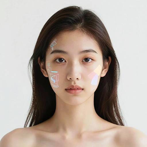 Photograph of an Asian woman with long black hair, fair skin, and a neutral expression, featuring digital white geometric patterns on her left cheek and forehead