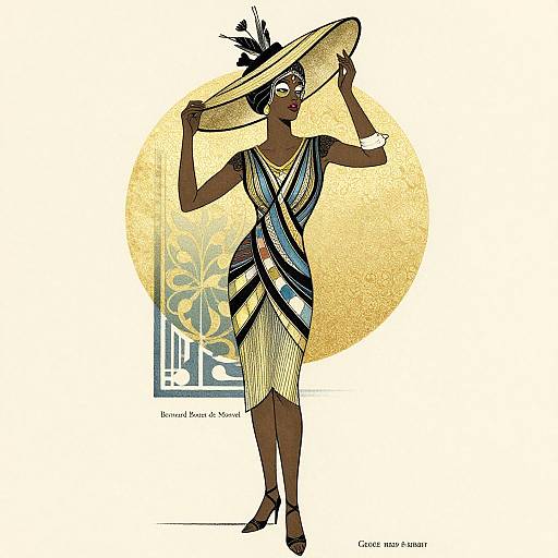 Digital drawing of a dark-skinned woman in a yellow, blue, and black geometric dress, large sunhat, and high heels, standing confidently.