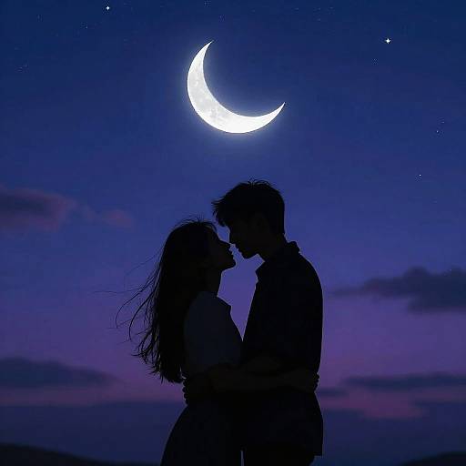 Silhouetted couple kissing under a bright crescent moon and starry night sky. Dark blue and purple hues dominate the serene, romantic scene.