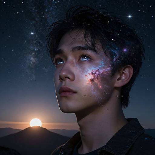 Photorealistic digital portrait of an Asian man with star-filled galaxy on his face, gazing at a sunset over mountains.