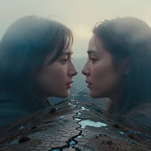 Photograph of two women with wet, long brown hair, facing each other in a close, intimate profile, set against a misty, sunlit