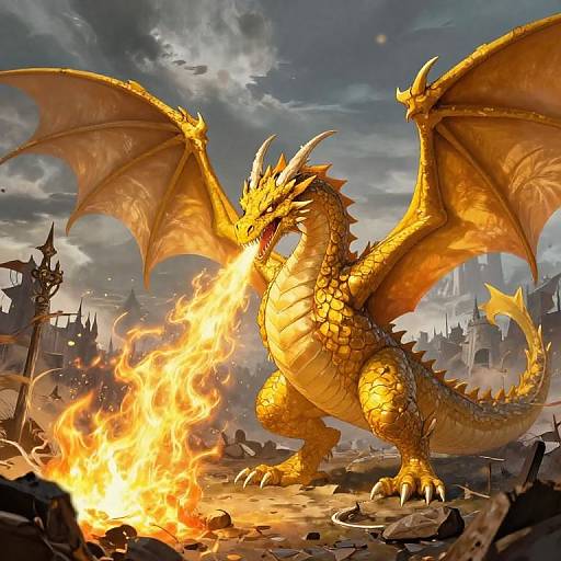 Majestic Yellow Dragon Over Medieval Battlefield
