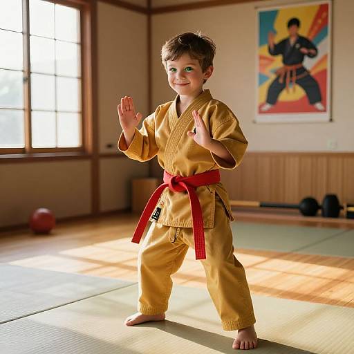 Young Boy Karate Stance in Dojo