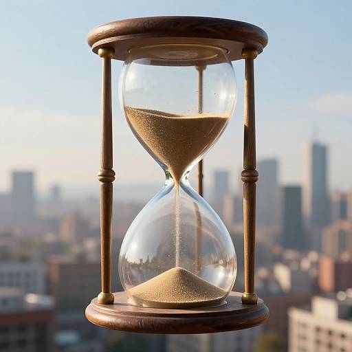 Photograph of a wooden hourglass with golden sand against a blurred cityscape background, sunlight illuminating the glass and sand.