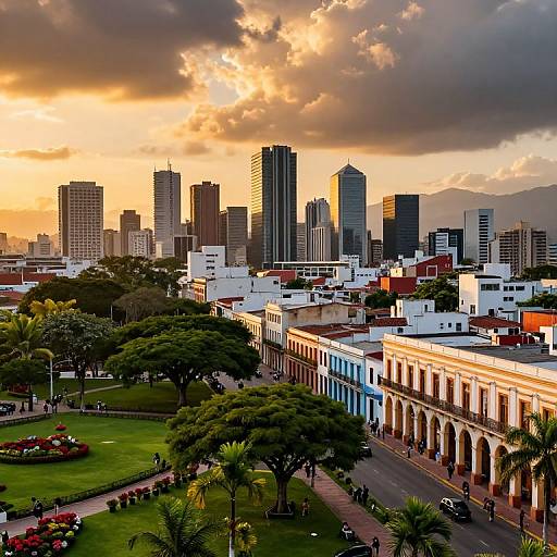 Photograph of a vibrant cityscape at sunset, featuring colorful colonial buildings, modern skyscrapers, lush green park, and dramatic clouds.