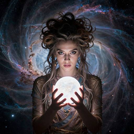 Digital art of a mysterious woman with wild hair, glowing orb, and cosmic swirl background, wearing a sheer, ornate black top.