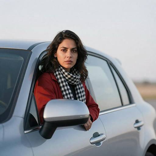 Serious Woman Leaning from Car Door