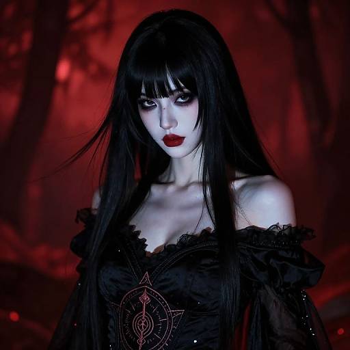 Gothic digital artwork of pale woman with long black hair, red lips, black off-shoulder dress, red and black forest background.