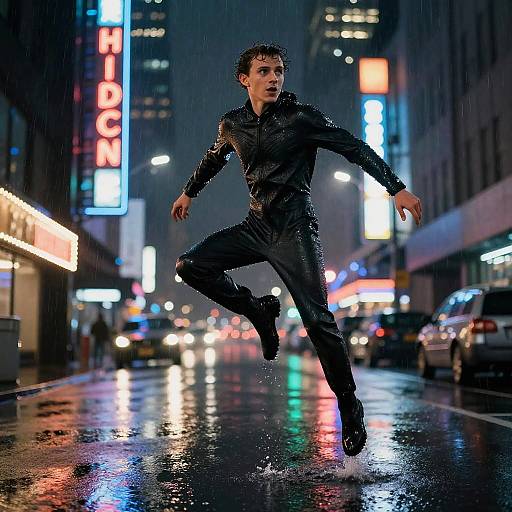 Photograph: Action shot of a wet, dark-haired man in a black leather suit mid-leap on a neon-lit, rain-soaked city