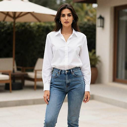 Photograph of a confident woman with long dark hair, wearing a white button-up shirt and high-waisted blue jeans, standing outdoors on a sunny