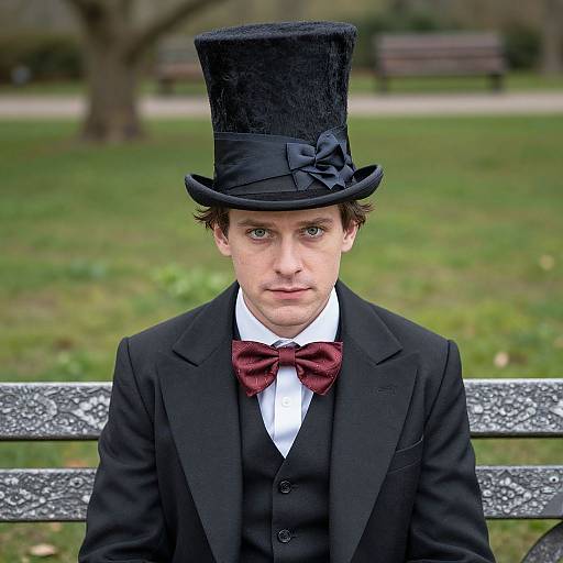 Photograph of a young man with fair skin and blue eyes, wearing a black top hat, black suit, white shirt, and red bow tie,