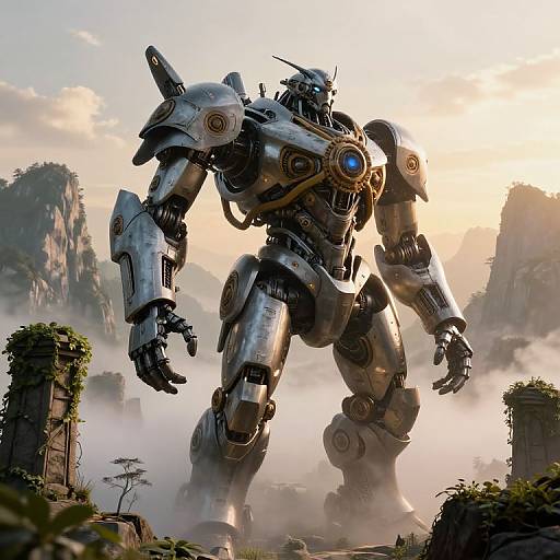 CGI image of a towering, metallic, robot warrior with glowing blue eyes, standing in a misty, ruined jungle landscape at sunset.