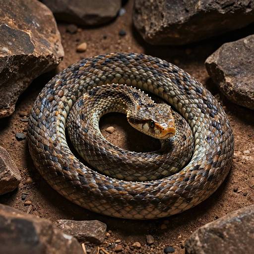 Photograph of a coiled, patterned snake with dark brown, black, and beige scales, resting on rocky, brown dirt terrain.