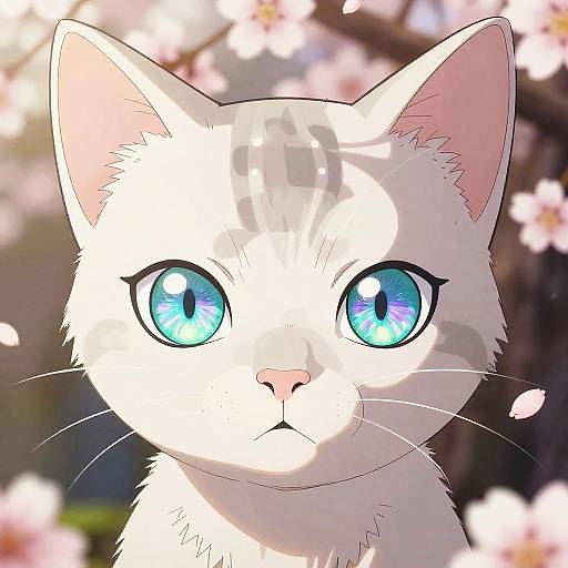 Digital illustration of a white cat with large, vibrant blue eyes, set against a blurred background of pink cherry blossoms. The cat's expression is curious