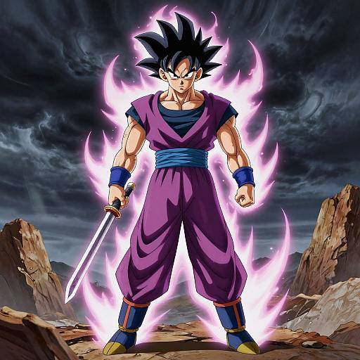 Digital artwork of Super Saiyan Son Goku with glowing purple aura, holding a sword, standing on rocky terrain under dark, stormy sky.