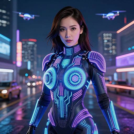 Photorealistic CGI of an Asian woman in a neon-lit, cyberpunk-style bodysuit with glowing blue and purple patterns, standing on a