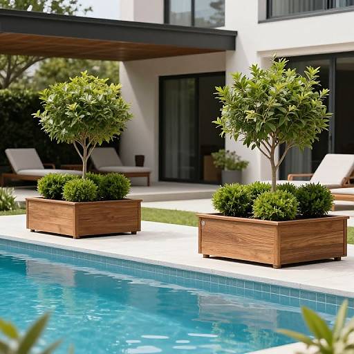 Photograph of a modern outdoor pool area with two wooden planters holding lush green bushes, blue-tiled pool, white deck, and sleek black-fr