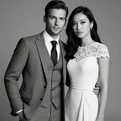 Black-and-white photograph of a handsome man in a checkered suit and a beautiful woman in a lace dress, standing closely together.