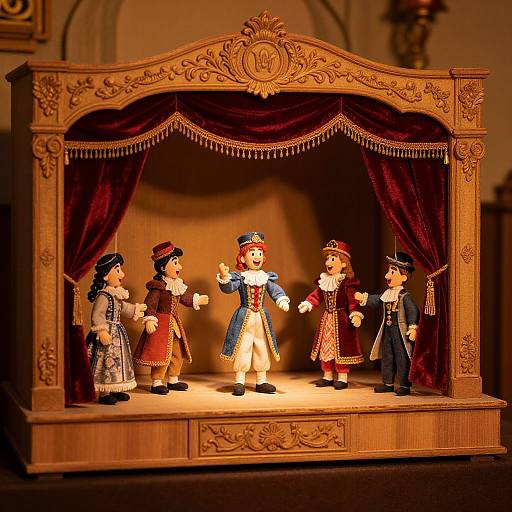 Photograph of a wooden puppet theater with five colorful puppets in 18th-century attire, standing on a stage with ornate curtains, under warm