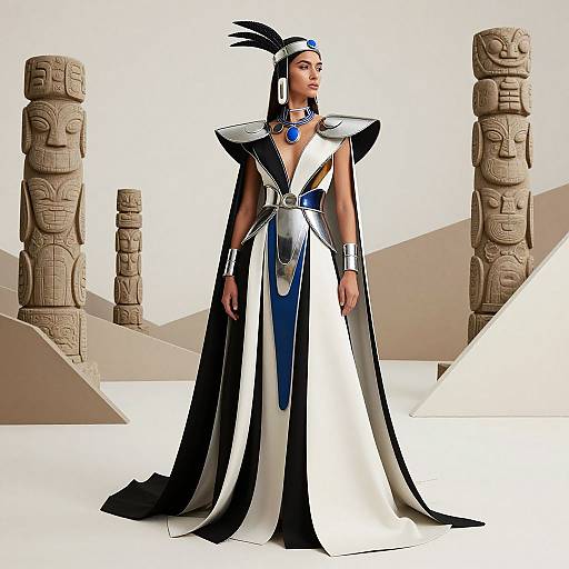 Photograph of a woman in an elaborate, black-and-white Aztec-inspired gown with blue accents, feathered headdress, and blue gemstone necklace