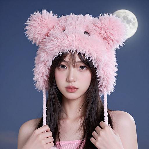 Photograph of an Asian woman with long black hair, wearing a pink fluffy bear hat, holding the straps, against a night sky with a full moon