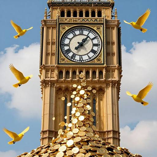 Photograph of Big Ben clock tower with golden coins cascading down, surrounded by yellow birds flying against a blue sky.