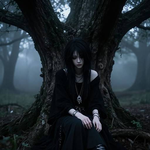 Dark, gothic photograph of a pale, black-haired woman in a black dress, sitting against a large, twisted tree in a misty forest.