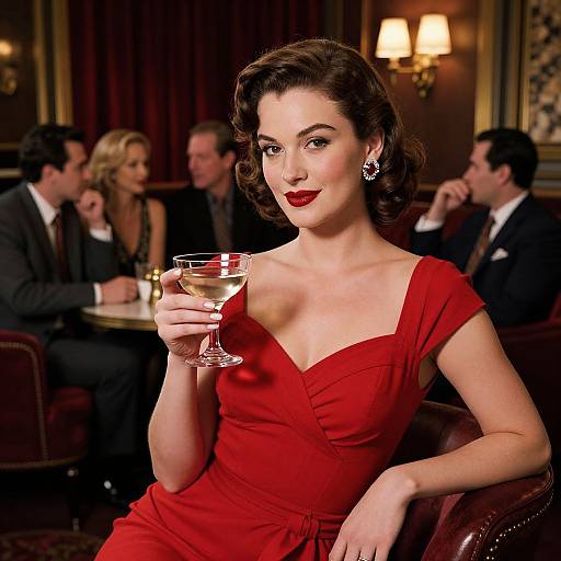 Vintage-style photograph of a fair-skinned woman in a red dress and red lipstick, holding a cocktail, seated in a dimly-lit, elegant