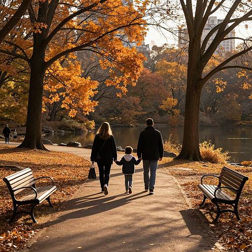 Photograph of a family—mother, father, and child—walking hand-in-hand along a sunlit autumn park path, surrounded by vibrant orange leaves