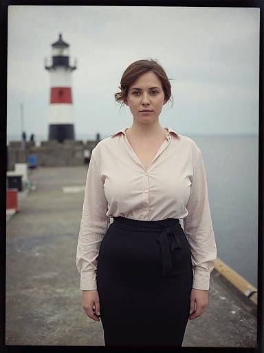 Photograph of a serious young woman with brown hair in a bun, wearing a white blouse and black skirt, standing on a pier with a blurred l