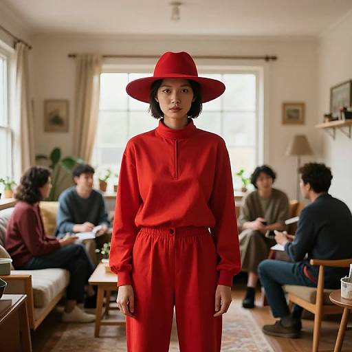 Confident Figure in Vibrant Red Outfit