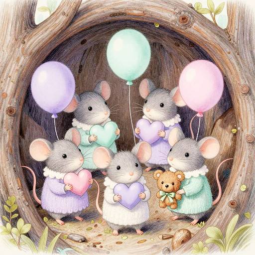Pastel Baby Mice Holding Hearts in Tree Hollow